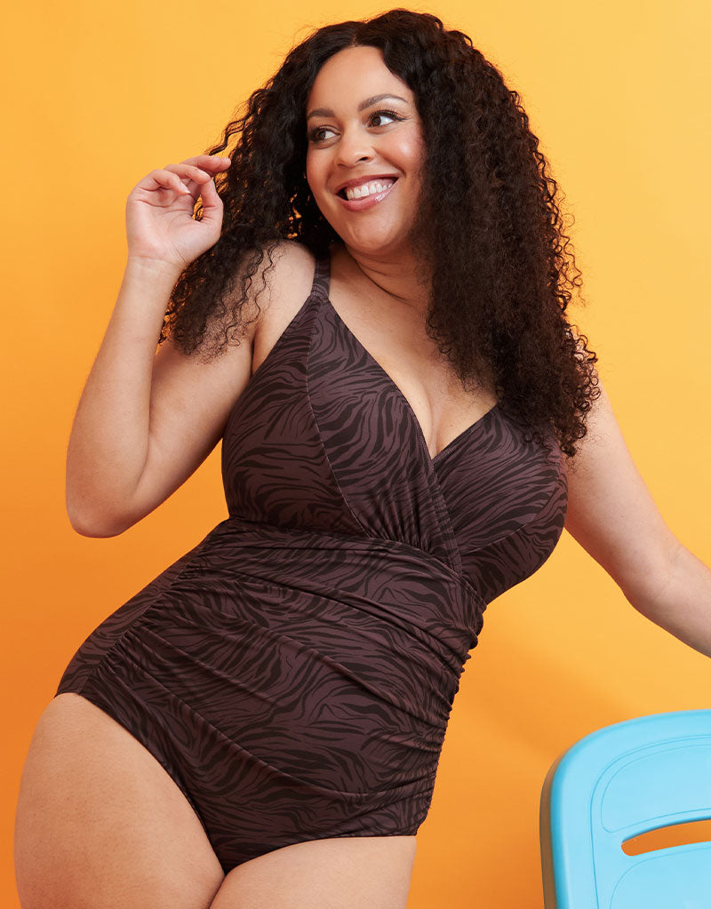 Adella Calypso Plunge Control Swimsuit Mulberry Purple Zebra Print