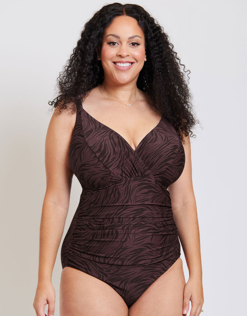Adella Calypso Plunge Control Swimsuit Mulberry Purple Zebra Print