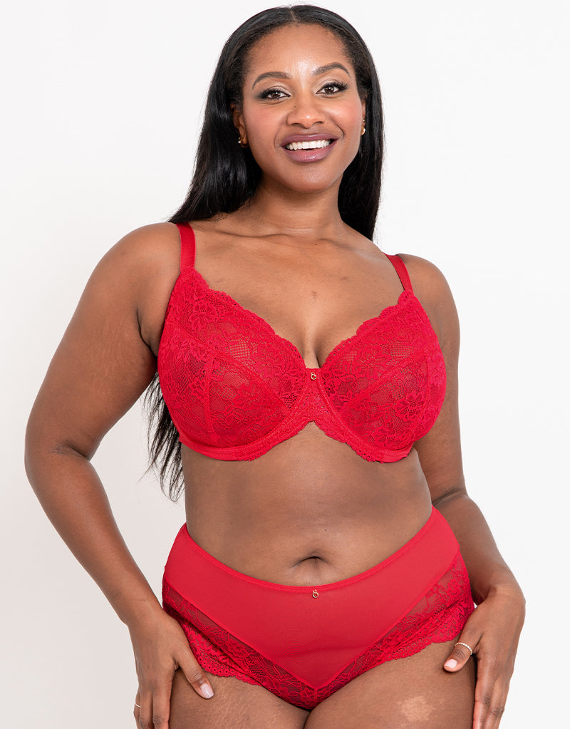 Ann Summers Ariel Lace Non Padded 1/4 Cup Plunge Bra With Strapping Detail  in Red