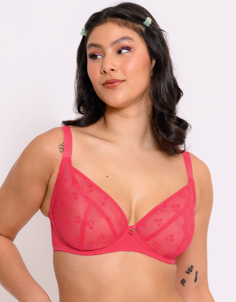 Cherry Embroidery Mesh Underwire Lingerie Set