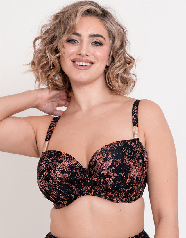 Flirtelle Maya Bay Padded Balcony Bikini Top Black Print