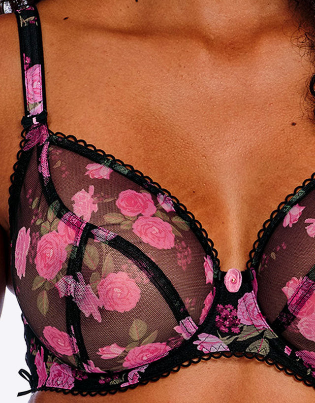 Freya Rose Blossom Plunge Bra Black Rose Print