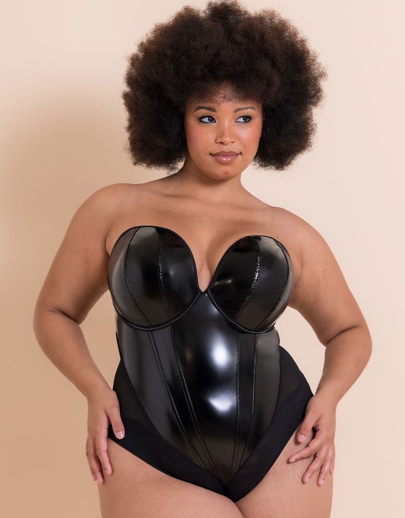 Scantilly Classique Plunge Strapless Padded Body Black PVC