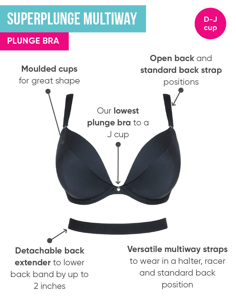 36E Bra Size in E Cup Sizes Navy Convertible, Four Section Cup and