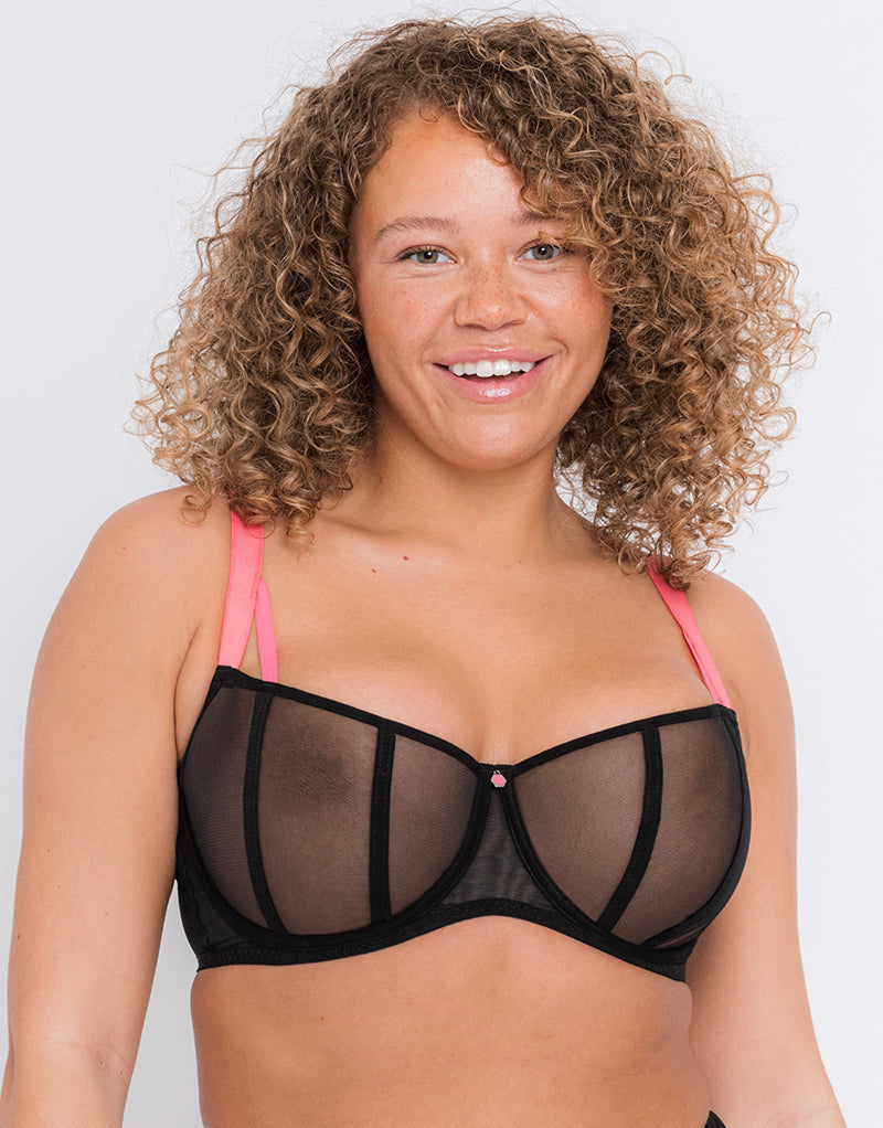 Transparent Lace and Mesh Balcony Underwired Bra Black - Plus Size Bras