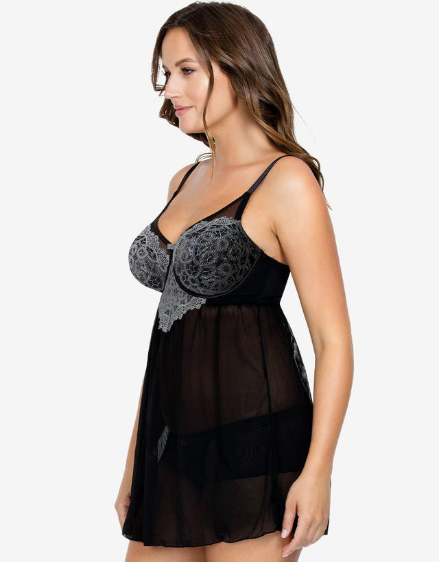 Parfait Lulu Unlined Babydoll with G-String Black/Pewter